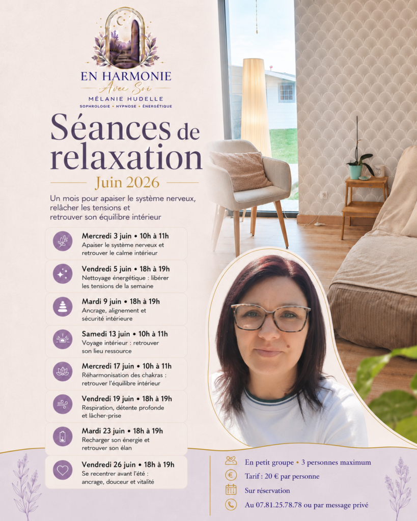 Relaxation de groupe juin 2026 sophrologie hypnose énergétique